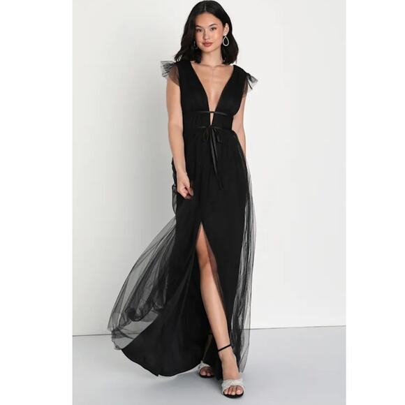 NWT Lulus I'm All Yours Black Tulle Ruffled Maxi Dress Size XS - Picture 1 of 14